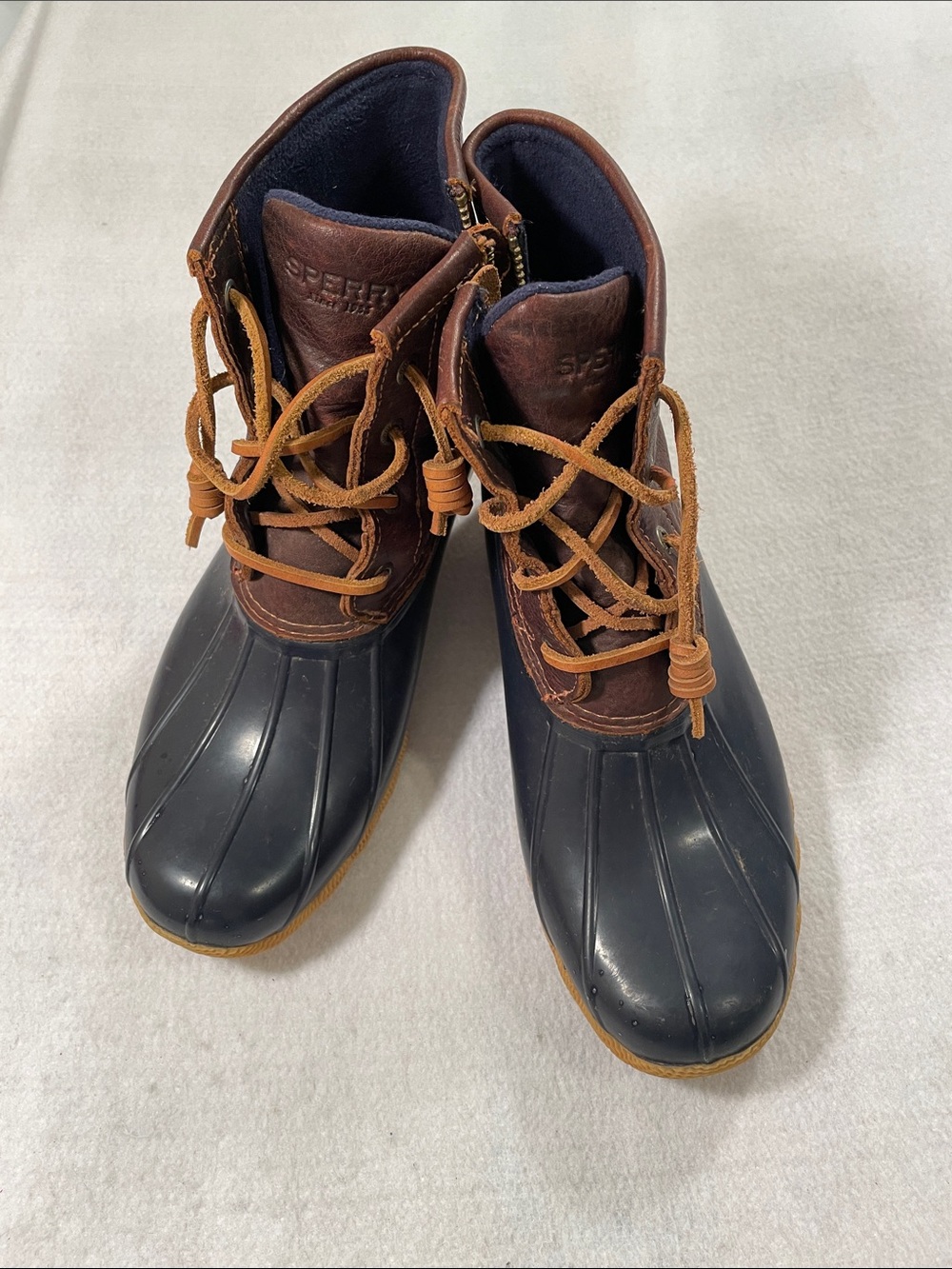 Sperry Brown Leather and Blue Rubber Duck Boots with Tan Laces